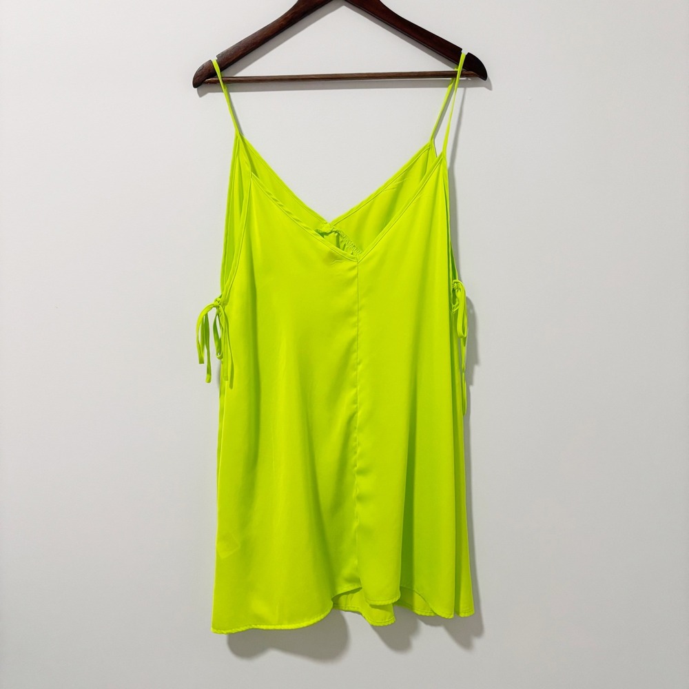 H&M Divided Neon Lime Green Dress Mini V-Neck Side Tie Spaghetti Strap Sz Medium